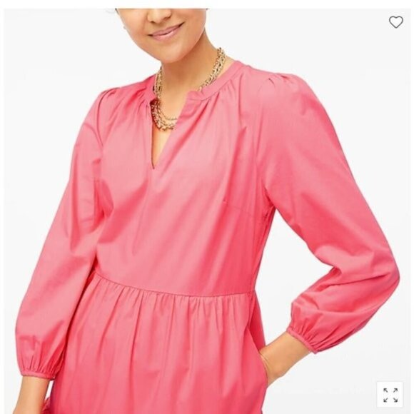 J Crew Tiered Ruffle Dress L Pink Cotton Poplin 3/4 Sleeves Elastic Cuffs V-Neck - Picture 3 of 12